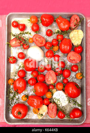 Frische Tomaten, Knoblauch, Zwiebeln und Thymian im Bräter bratfertig köstliche Tomaten und Basilikum Suppe zu machen Stockfoto