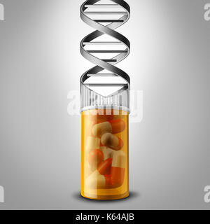 Genetische Medizin mit einem Rezept Pille Flasche als DNA-Doppelhelix als Gentherapie Konzept als chromosom Wissenschaft Symbol und Genom geprägt. Stockfoto