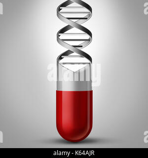 Pille DNA als der Gentherapie und der genetischen Medizin Konzept als verschreibungspflichtige Medikamente als Doppelhelix als chromosom Wissenschaft Symbol geprägt. Stockfoto