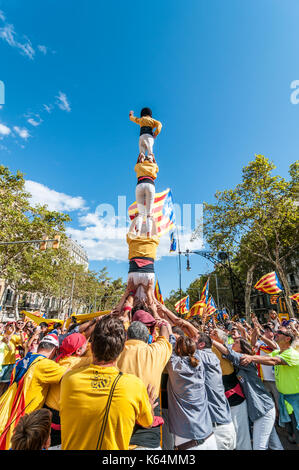 Barcelona, Spanien. 11 Sep, 2017. Tausende von pro-unabhängigkeit Flags (estelades) füllen die Straßen von Barcelona. Menschen, die sich einem menschlichen Turm (Castell), Katalonien Nationalfeiertag. Credit: lophius/Alamy leben Nachrichten Stockfoto