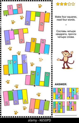 Zoo oder afrikanische Tiere themed IQ Training abstrakte visuelle Word Puzzle (in englischer Sprache): vier Quadrate, vier Worte lesen. Antwort enthalten. Stock Vektor