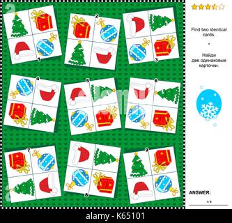 Weihnachten oder Neujahr themed visuelle Logik Puzzle: Hier finden Sie die zwei identische Karten. Geeignet sowohl für Kinder als auch für Erwachsene. Antwort enthalten. Stock Vektor