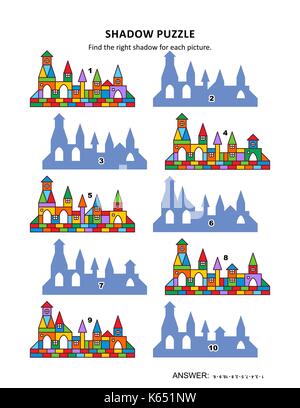 Visuelle Puzzle mit Spielzeug Stadt Gebäude: Die richtigen Schatten finden Sie für jedes Bild. Antwort enthalten. Stock Vektor