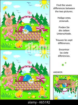 Ostern themed visuelle Puzzle: Finde die sieben Unterschiede zwischen den beiden Bildern mit Hase, Eier, Korb und Küken. Antwort enthalten. Stock Vektor