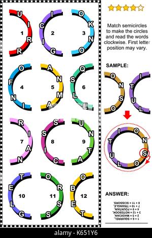 IQ Training abstrakte visuelle Word Puzzle (in englischer Sprache): Match Halbkreise mit Buchstaben die Kreise zu bilden und die Worte lesen. Antwort enthalten. Stock Vektor