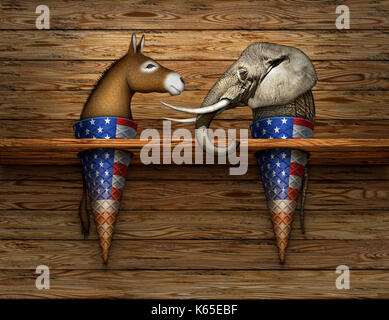 Digitale Fotos und Abbildung von einem Esel und Elefant als zwei Arten von Eis in der Waffel, die Demokraten und die Republikaner. Stockfoto