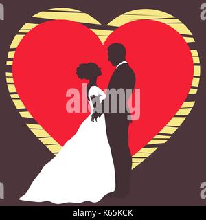 Braut und Bräutigam Silhouette, Einladung Hochzeit, Karte, Vektor Kontur cartoon Zeichnung. Paar in Liebe umarmen, in einer Hochzeit weißes Kleid und einen s gekleidet Stock Vektor