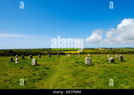 Merry Maidens oder Rosemodress Kreis, Bronzezeit Steinkreis, in der Nähe von Penzance, Cornwall, England, Großbritannien Stockfoto