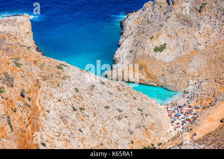 Seitan limania oder Agiou Stefanou, der himmlischen Strand mit türkisblauen Wasser. Chania, Chania, Kreta, Griechenland. Stockfoto