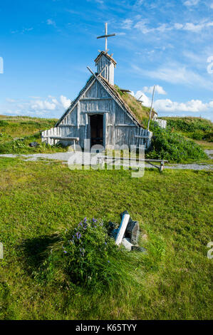 Traditionelle viking Gebäude, Norstead Wikingerdorf, Rekonstruktion der Wikingerzeit Siedlung, Neufundland, Kanada Stockfoto