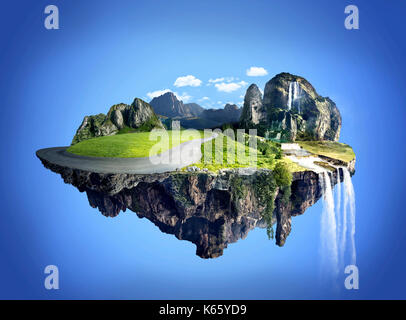 Amazing fantasy Landschaft mit schwimmenden Inseln, Wasserfall und das Feld auf blauen Himmel Hintergrund Stockfoto