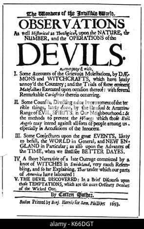 COTTON Mather (1663-1728) New England Puritan Ministers. Titel Seite seines 1693 Buch "Wunder der unsichtbaren Welt' Stockfoto