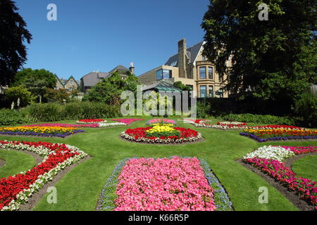 Viktorianische anlage Betten mit ringelblumen und Begonien in der Viktorianischen Garten an der Sheffield Botanischen Gärten, Sheffield, Yorkshire, England, Großbritannien - Sommer Stockfoto