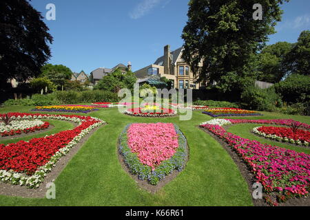 Viktorianische anlage Betten mit ringelblumen und Begonien in der Viktorianischen Garten an der Sheffield Botanischen Gärten, Sheffield, Yorkshire, England, Großbritannien - Sommer Stockfoto