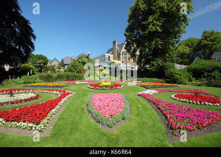 Viktorianische anlage Betten mit ringelblumen und Begonien in der Viktorianischen Garten an der Sheffield Botanischen Gärten, Sheffield, Yorkshire, England, Großbritannien - Sommer Stockfoto