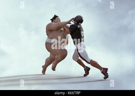 Sumo-ringer und Fußball Spieler kämpfen Stockfoto