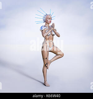 Cyborg Frau durchführen Yoga Stockfoto