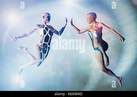 Frau und Cyborg high-fiving im Cyberspace Stockfoto