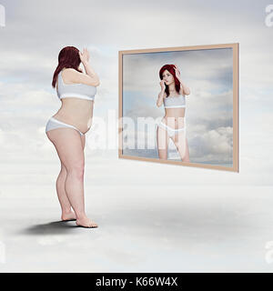Übergewichtige Frau und Reflexion von skinny Frau im Spiegel Stockfoto