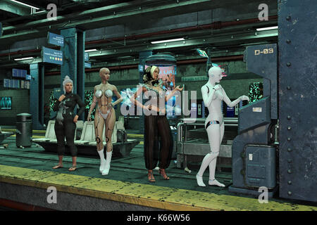 Frauen in der Schlange für Cyborg mit ATM Stockfoto