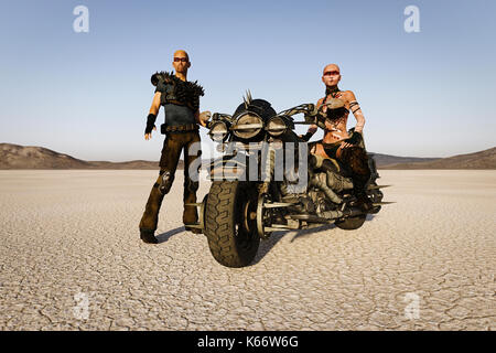Futuristische Außendienstmitarbeiter auf Motorrad in der Wüste Stockfoto