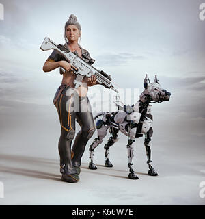 Futuristische Frau, die Gewehr mit einem Roboter Hund Stockfoto