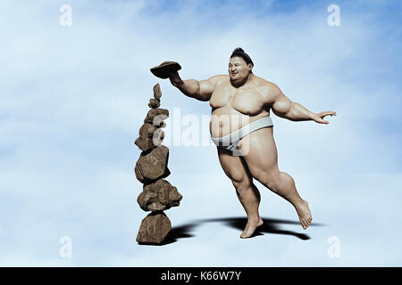 Sumo balancing Wrestler Stapel der Felsen Stockfoto