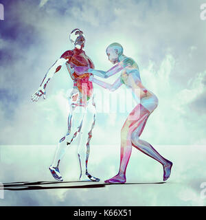 Transparente futuristische Frau in Bauch des Menschen Stockfoto