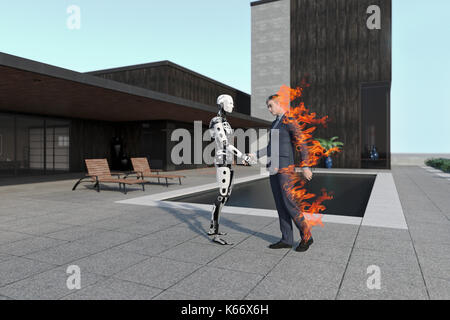 Brennende Geschäftsmann handshaking mit Cyborg Stockfoto