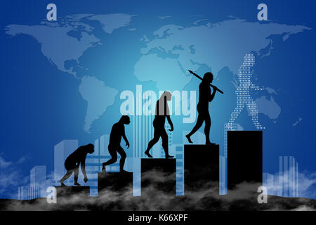 Die Evolution des Menschen in einer modernen Welt der digitalen Technologie. Stadt-Scape und die Weltkarte im Hintergrund. Stockfoto