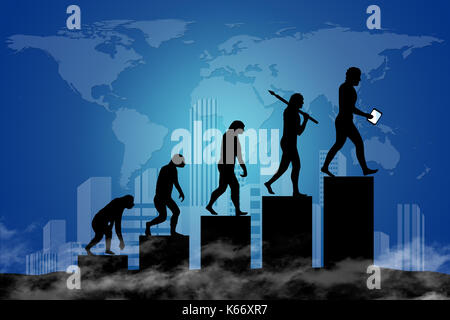 Die Evolution des Menschen in einer modernen Welt der digitalen Technologie. Stadt-Scape und die Weltkarte im Hintergrund. Stockfoto