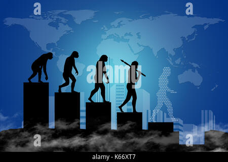 Die Evolution des Menschen in einer modernen Welt der digitalen Technologie. Stadt-Scape und die Weltkarte im Hintergrund. Stockfoto