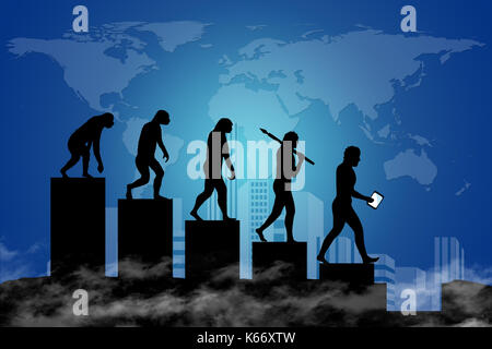 Die Evolution des Menschen in einer modernen Welt der digitalen Technologie. Stadt-Scape und die Weltkarte im Hintergrund. Stockfoto