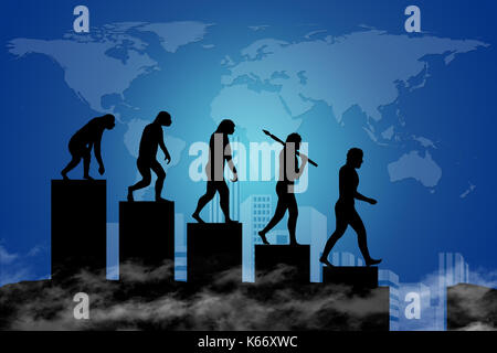 Die Evolution des Menschen in einer modernen Welt der digitalen Technologie. Stadt-Scape und die Weltkarte im Hintergrund. Stockfoto