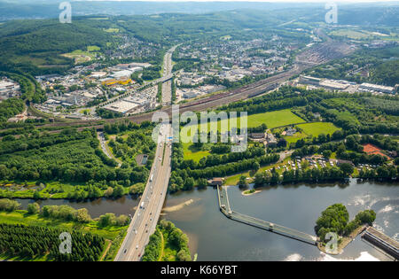 Ruhrtal, Hengsteysee: Volme - Mündung in die Region zur neuen Volme Brücke entstehen, Hagen, Ruhrgebiet, Nordrhein-Westfalen, Deutschland, Europa, Hagen, A Stockfoto