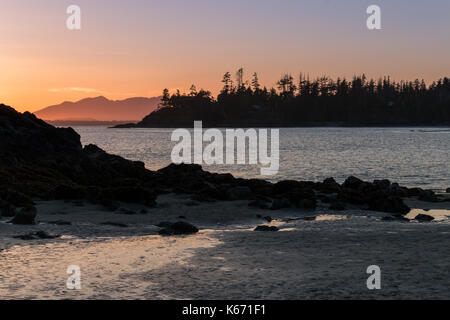 Sonnenuntergang auf Mackenzie Beach, Tofino, Vancouver Island Stockfoto