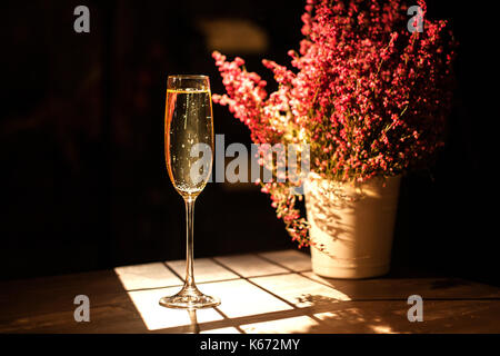 Glas Champagner in der Nähe der Blumentopf auf einen hölzernen Tisch in einem Weinkeller. Stockfoto
