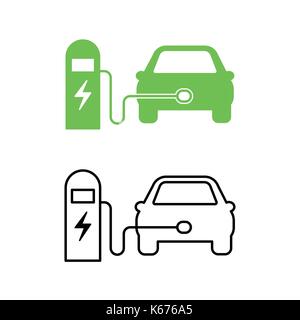 Elektroauto und elektrische Ladestation Symbol. Hybrid Fahrzeug Symbol. Umweltfreundliche auto- oder Elektrofahrzeug Konzept. Vector Illustration. Stock Vektor