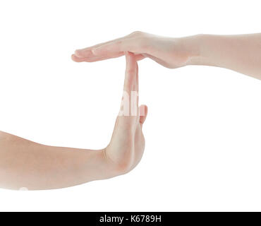 Hände sichtbar timeout Zeichen auf weißem Hintergrund Stockfoto