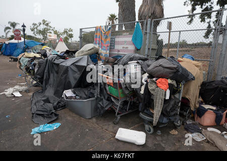 Obdachlose Lager auf der 17th Street in San Diego, Kalifornien Stockfoto