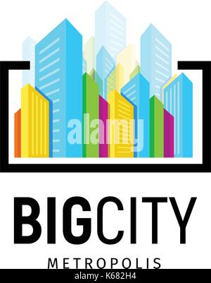 Bunte Immobilien Agentur Logo, Schriftzug auf weissem, Home Konzept Symbol, Skyscraper, big city tower vector Abbildung in Schwarz lineare Rahmen isoliert. Stock Vektor