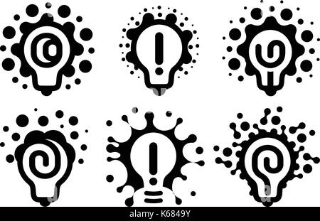 Monochrome stilisierte Glühbirnen Logos setzen, neue Idee und Lösung abstraktes Symbol, helle cartoon Glühlampe Sammlung. Isolierte schwarze einfachen Vektor Symbol auf weißem Hintergrund. Stock Vektor
