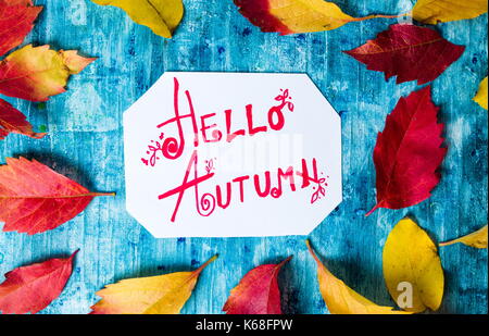 Hallo Herbst Kalligraphie Hinweis mit Laub auf Blue Board Stockfoto