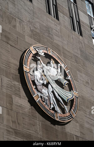 Detail, durchbrochenen Plaque, Tanz, Drama und Lied, Radio City Musik Hall, das Rockefeller Center, New York City Stockfoto