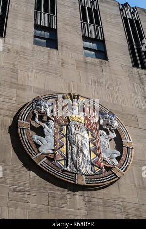 Detail, durchbrochenen Plaque, Tanz, Drama und Lied, Radio City Musik Hall, das Rockefeller Center, New York City Stockfoto