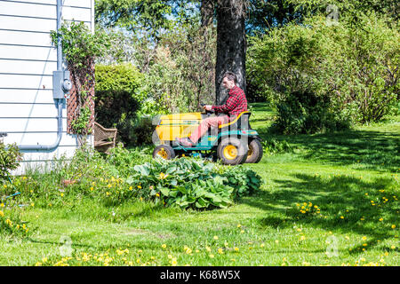 Ile d'Orleans, Kanada - 1. Juni 2017: Mann, Mann auf Yard-man Rasentraktor Traktor in Quebec Apple Orchard Farm Landschaftsgestaltung, Mähen seinen Garten, Hinterhof Stockfoto