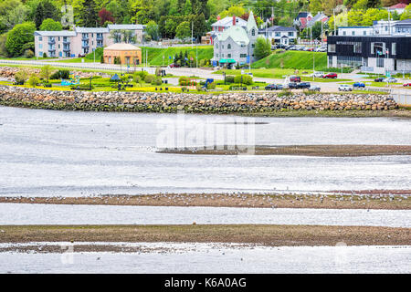 La Malbaie, Kanada - Juni 2, 2017: Saint Lawrence Fluss Stadt Stadtbild in der Charlevoix Region, Quebec mit Häusern, viele Herde Möwen auf felsigen Strand sh Stockfoto