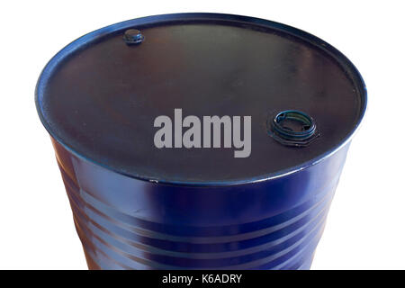 Zwei hundert Liter Barrel Öl blaue Farbe auf weißem Hintergrund. Objekt mit der Arbeit wegen. Stockfoto