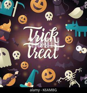 Trick or treat - Halloween Feier Plakat mit Kalligraphie Text. Vector Illustration mit Kürbis, Jack-o-Lantern, Skelett, ghost, Werwolf, witc Stock Vektor
