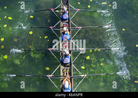 Meine Damen fours rudernde Mannschaft im Rennen auf dem See Stockfoto